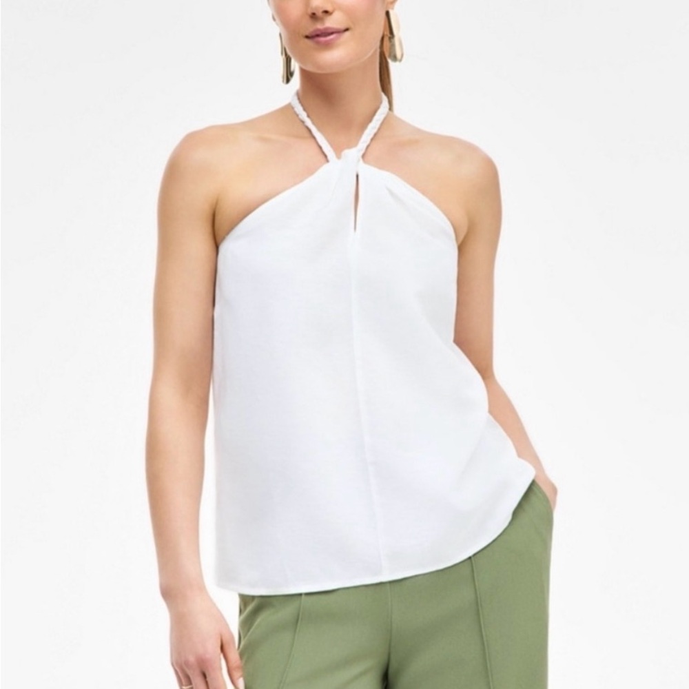 NWT INC Women’s White Halter braided Neck linen blend Top